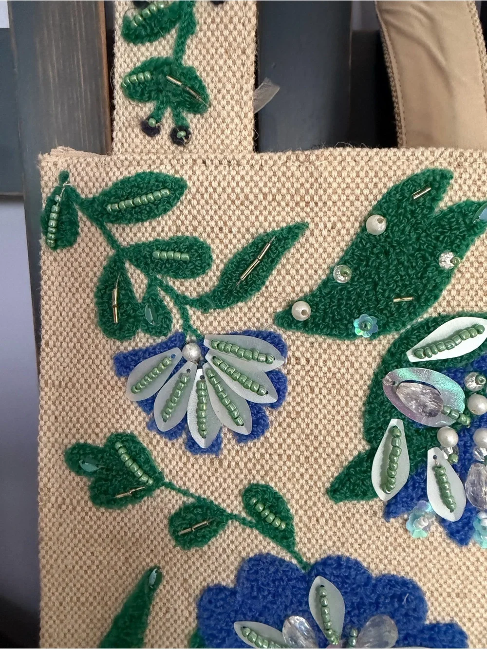 Beaded Bag Floral Embroidered Tote - Green and Blue NWT